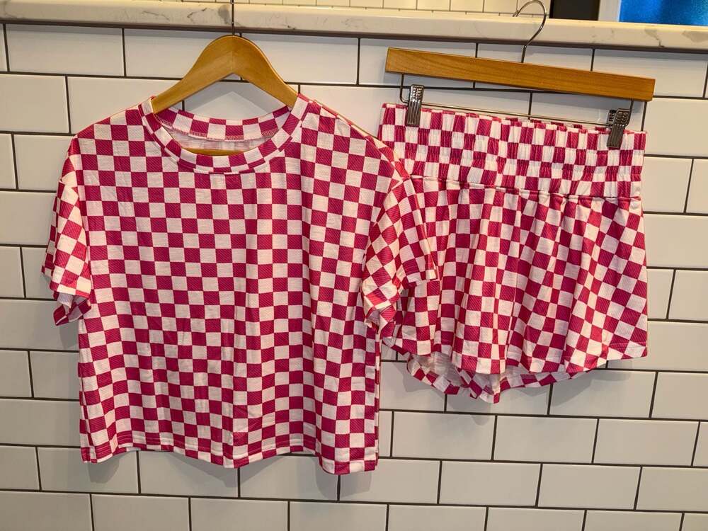 Pink and White Checkerboard Crop Top and Skort 2-Piece Set small new